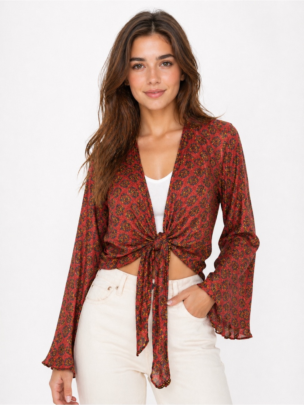 100% Silk Boho Wine Medallion Bell Sleeve Tie-Front Wrap Blouse - Paisley Print